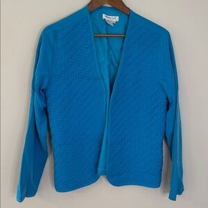 Coldwater Creek 100% Silk Turquoise open front jacket woven fabric detail SZ SM